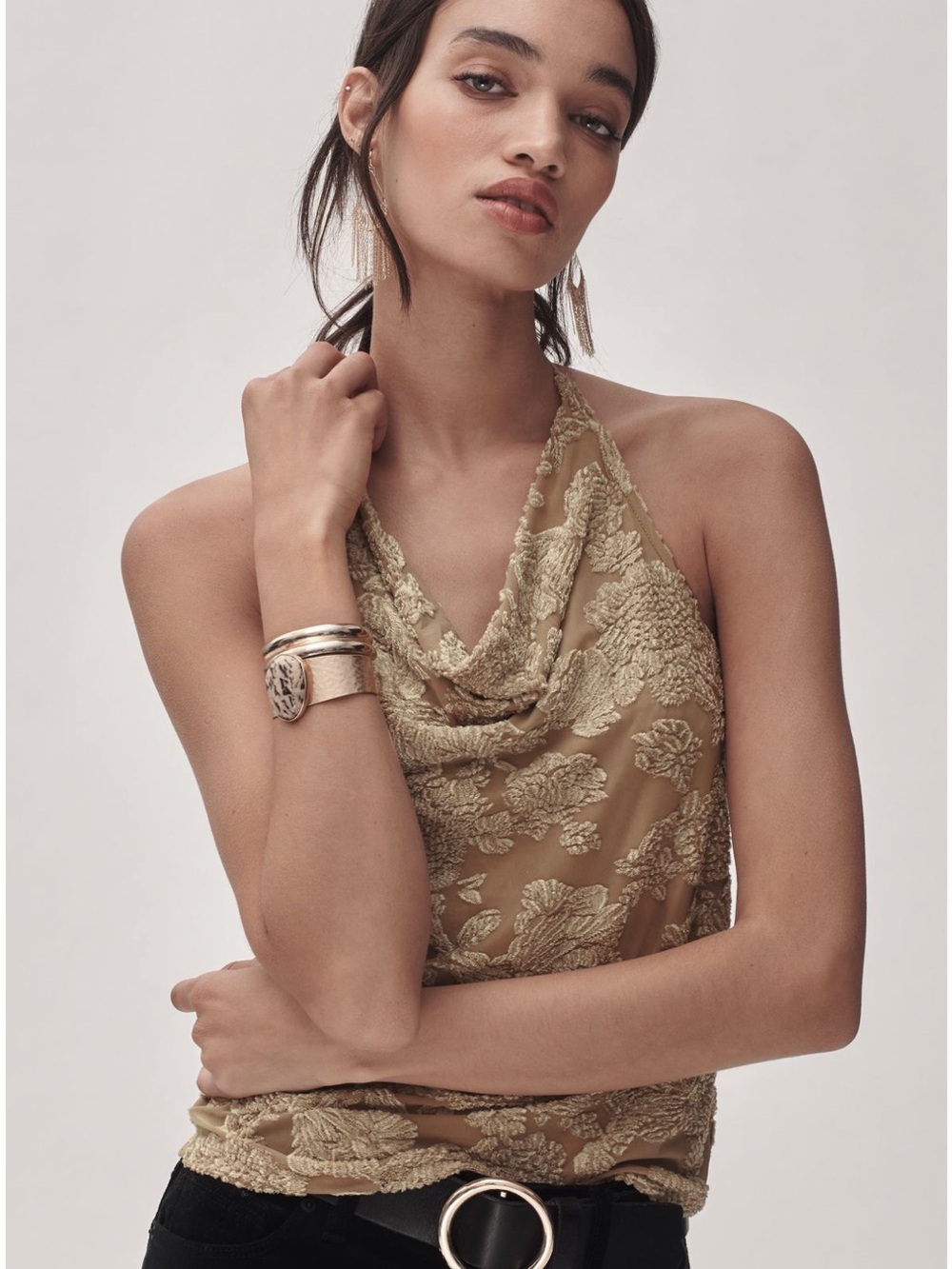 Anthropologie Mustard Gold Floral Cowl-Neck Camisole
